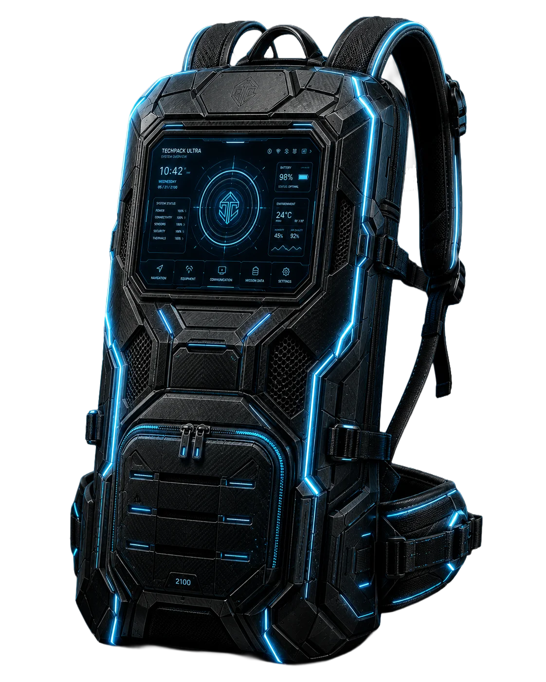 TechPack Ultra — front view with HUD touchscreen interface