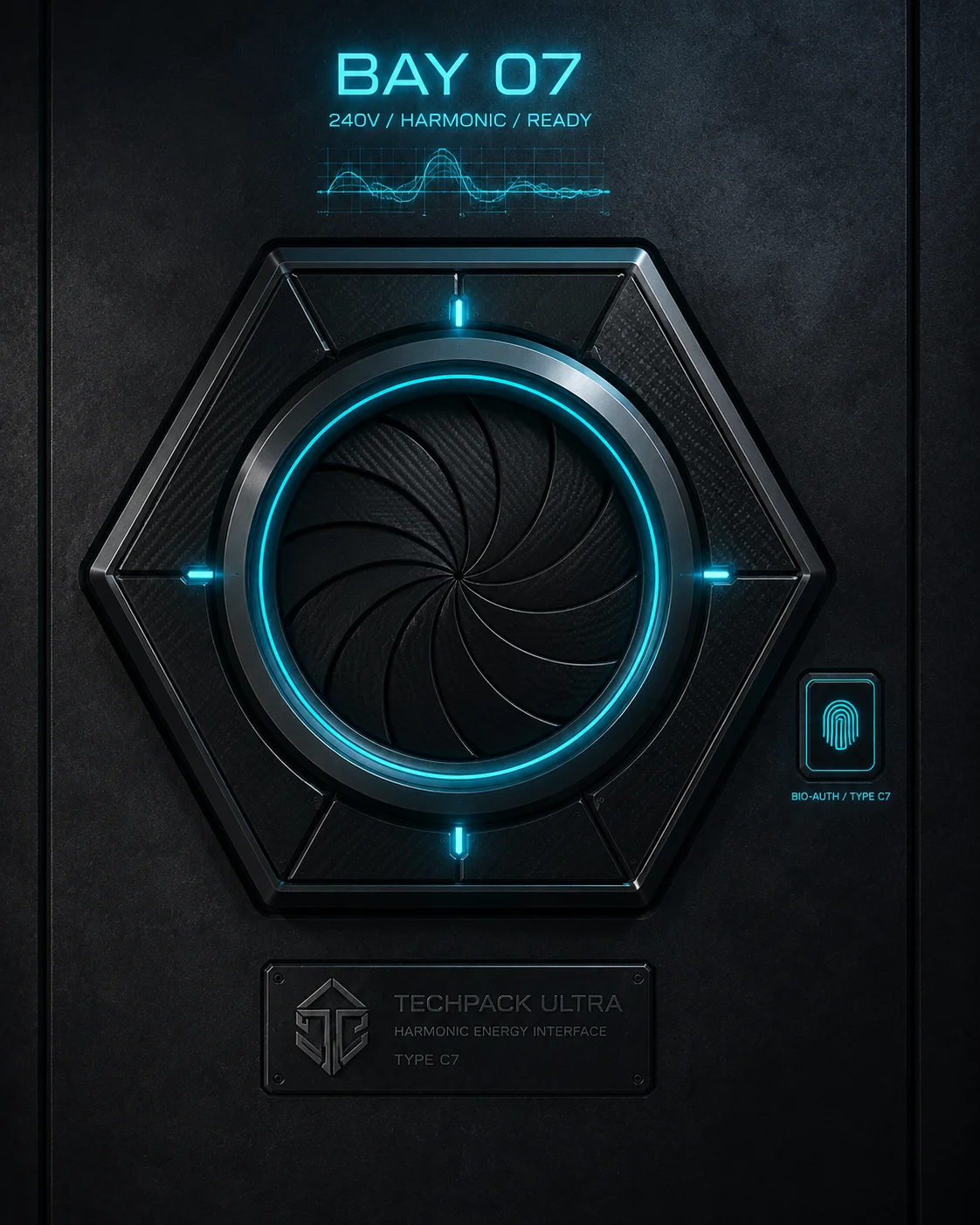 Harmonic Bay 07 — a hexagonal wall port with an iris aperture and a fingerprint pad